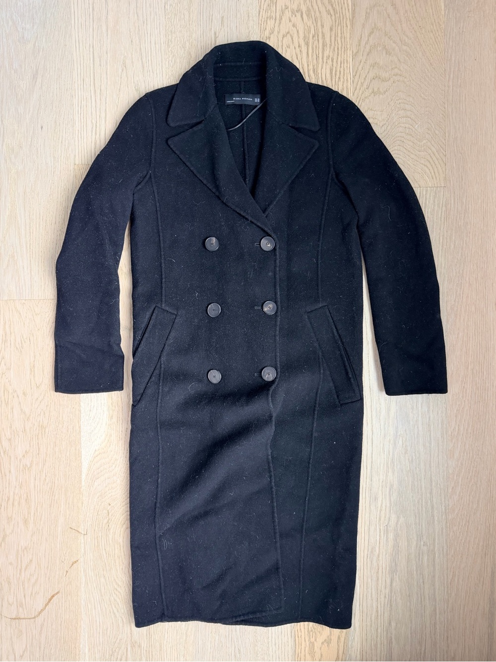 Zara Classic Black Double-Breasted Women's Wool Coat